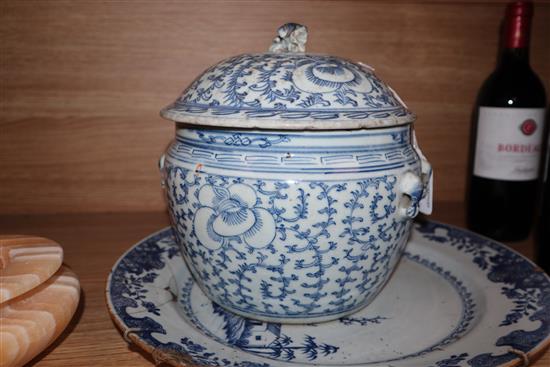 An 18th century Chinese blue and white charger and a 19th century Chinese blue and white soup bowl and cover charger diameter 35cm